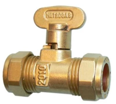 ISOLATION VALVE GAS COCK STOP TAP COMPRESSION FITTING, SIZES: 8mm