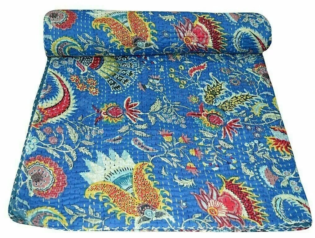 Trapunta Cotone Vintage Ricamata A Mano Sophia-Art Kantha - Copriletto Indiano Con Stampa A Blocchi Di Copriletto Kantha
