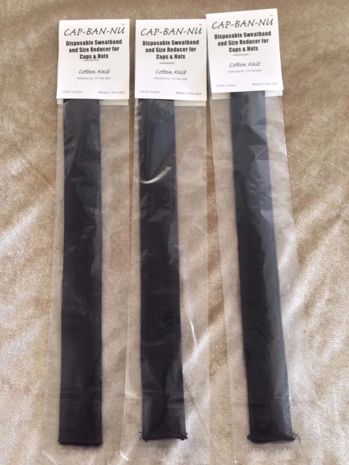 Cap Ban Nu 1/4 Hat Cap Size Reducer Insert Sweat Liner BLACK Cotton Knit 3 Pack
