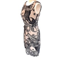 Vintage Rabbitt Paisley Sheath Dress Size 6 Sleeveless Fitted Tan Black Rayon