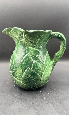 VTG Embossed Green Leaf Handmade Pitcher Made In Italy Numbered No Chips/Cracks