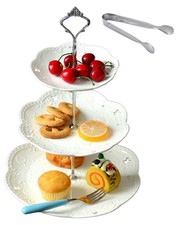 3 Tier White Porcelain Cake Stand, Cupcake Stand with Silver Pilar
