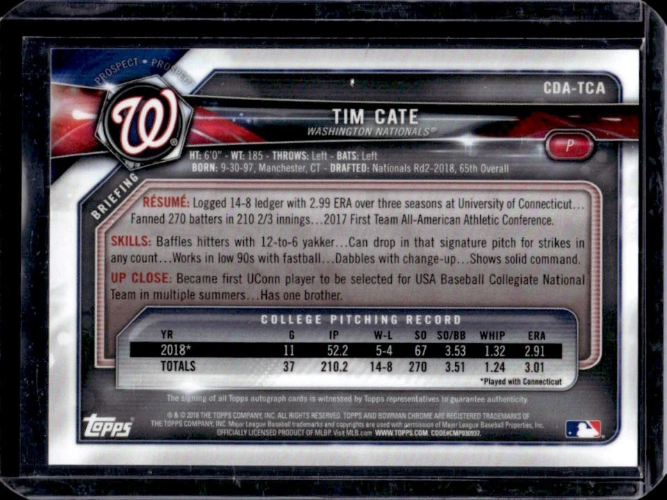2018 Bowman Draft Tim Cate Chrome Auto 1st Prospect Sparkles Refractor #36/71 - Image 2 of 2