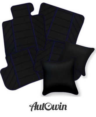Black Leather Floor Mats for Rolls Royce Wraith (2013 2023) | Dark Blue Trim