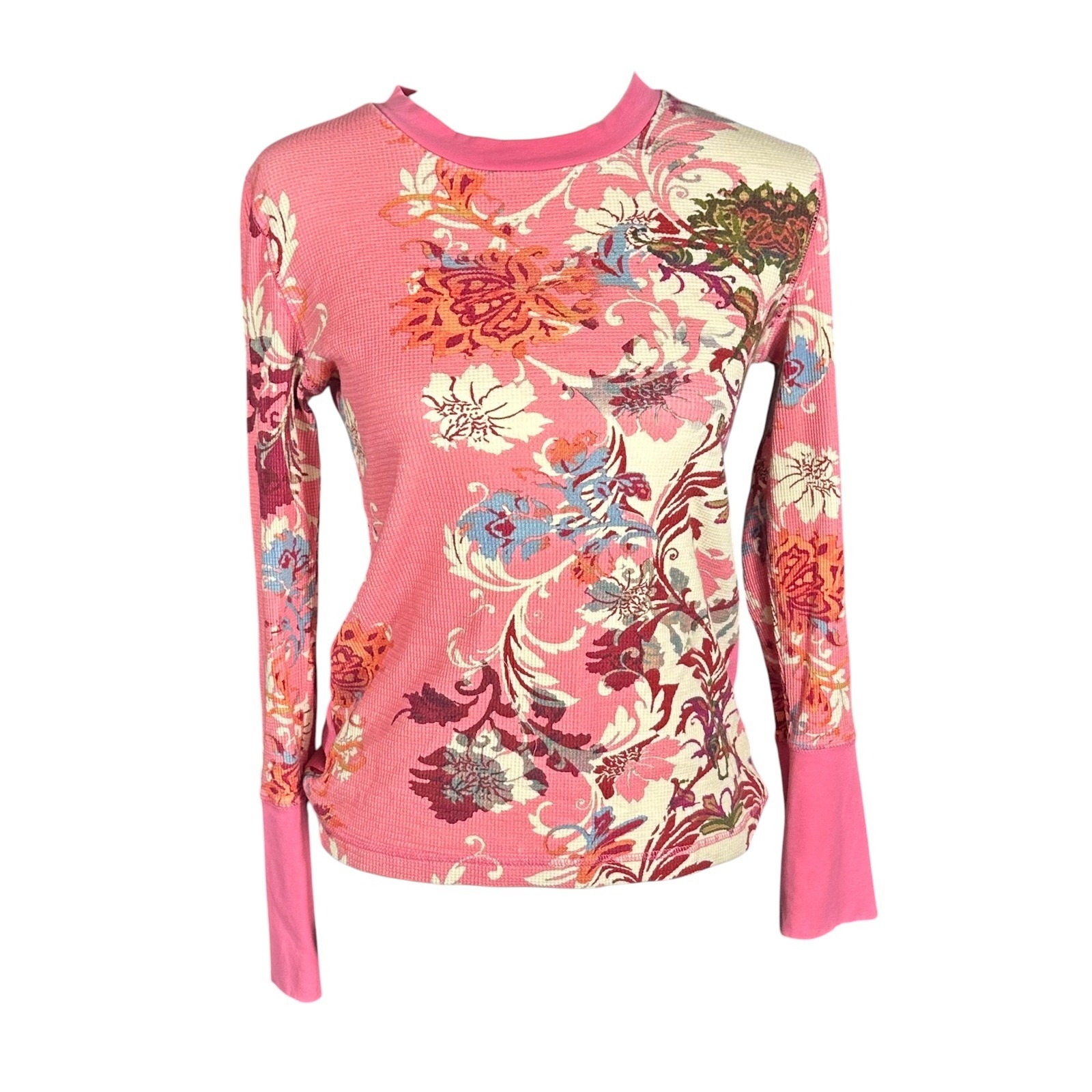 Sundance Thermal Top Women Small Pink Floral Waffle Knit Velvet Trim Cuffs