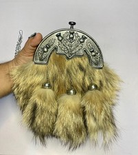 Traditional Scottish Fur Sporran Chain Leather Strap Celtic Thistle Design