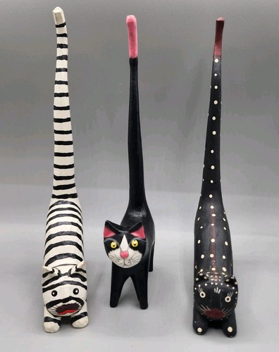Set Of Three Wooden Handpainted Long Tail Cats 10" Tall Indonesia (READ)