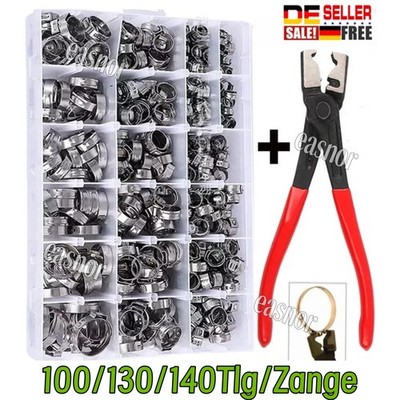 140tlg Sortiment 1 Ohr Schlauchschellen Zange Set Edelstahl KFZ Schlauchklemmen