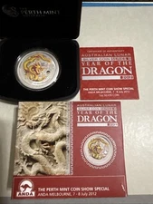 2012 Perth Mint Year Of The Dragon Yellow Colorized Coin 1 Oz Silver Coin # 0660