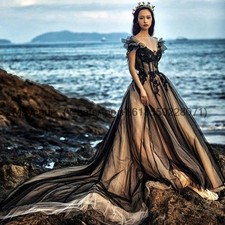 Gothic Black Champagne Beach Wedding Dresses Off Shoulder Fairy Princess Gowns