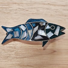 Alpaca Silver Fish Barrette in Blue and Black Inlaid with Mother of Pearl Chips