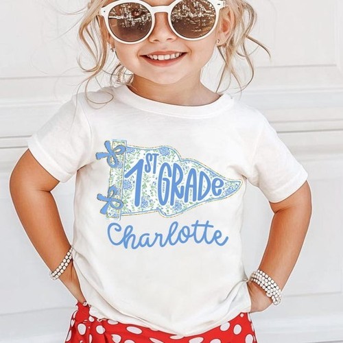 Custom 1st Grade Girl Shirt, Floral Back to School Name Tee for Kids - Picture 2 of 6