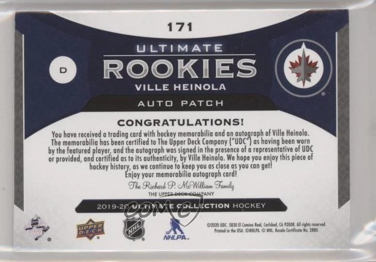 2019 Ultimate Collection Rookies Gold /99 Ville Heinola RPA Rookie Patch Auto RC - Image 2 of 2
