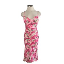Lulus Floral Printed Ruched Dress Sheer Pink Size Small NWOT