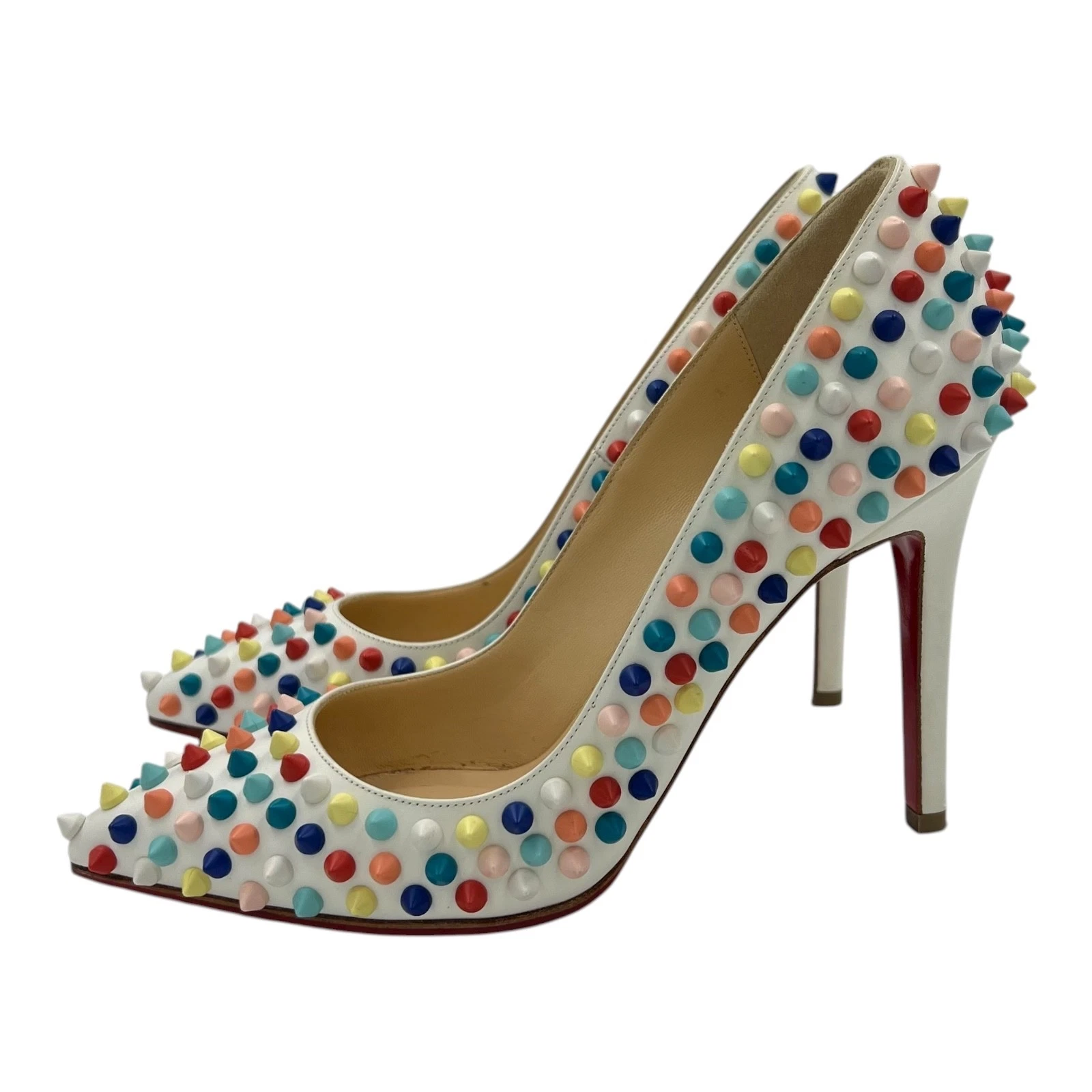Christian Louboutin — CHRISTIAN LOUBOUTIN Gomme Pigalle White Rainbow Spike Pumps Heels  Sz EU 36 5.5