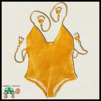 She Made Me Essential Crochet One-Piece Swimsuit S/M Mustard Yellow | EUC - Image 1 of 4