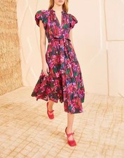 Women Ulla Johnson V-neck Floral Puff Sleeve A-line Midi Dress