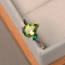 925 Sterling Silver Green Peridot Two Gemstone Women Ring Duty Free