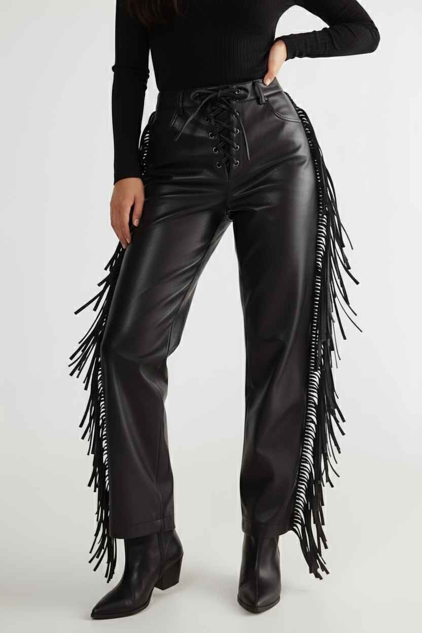 Women's Handmade Black High Waisted Fringes Leather Pants/Western Cowgirl Pants