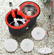 Spin Mop Bucket, Microfiber Heads, Stainless Steel Basket 61" Extended Handle