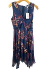 Walter baker teri Lame Trimmed Pleated dress blue floral 4 NWT