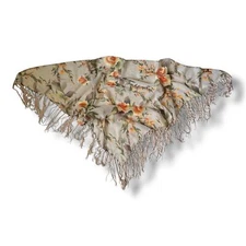 Cejon Accessories Inc Scarf Triangular Beige Orange Floral Fringe 68” X 34” Vtg