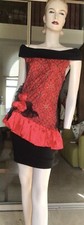 Vtg Bare Shoulder Stretchy Peplum Pencil Black Red Party Cocktail Dress S