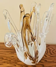 Vintage Italian Art Glass Vase 11.5" Abstract Open Sculpture White Caramel