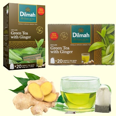 GREEN TEA With GINGER Ceylon 100% Pure Natural Organic Herbal 20 Tea Bags