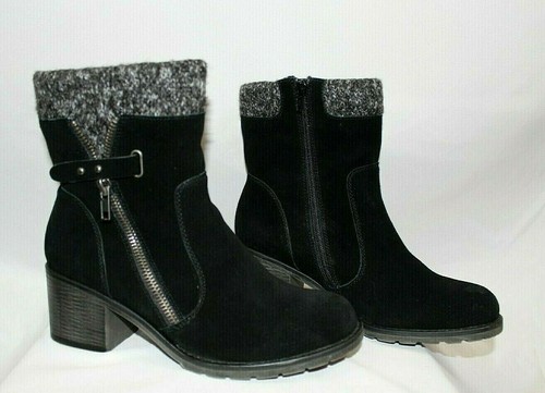 Beartraps Black Danette Bootie Suede Leather Zipper Knit Stacked Heel 9.5M - Picture 2 of 8
