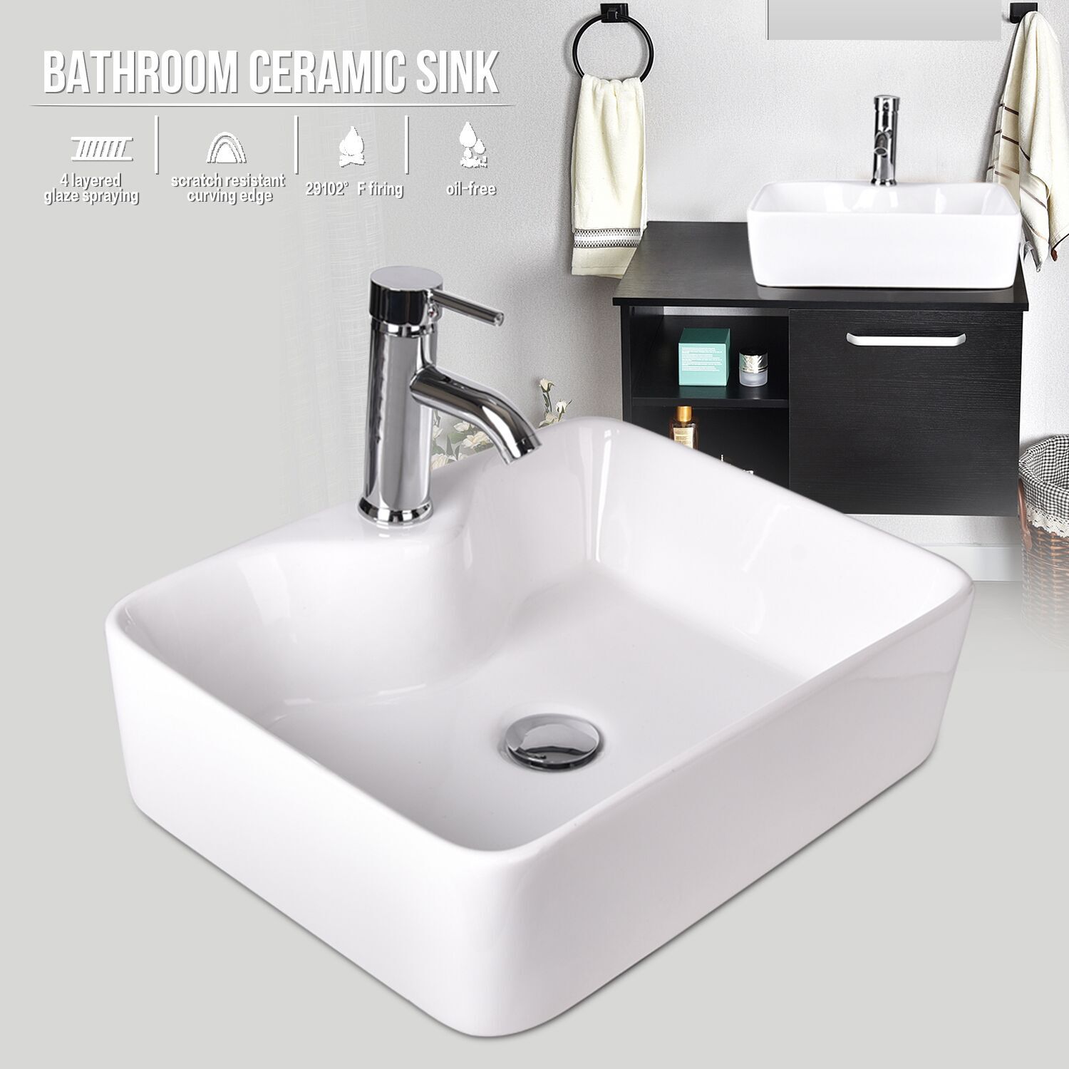 Bathroom Sink Porcelain Ceramic Vessel Basin Sink Vanity Faucet Popup