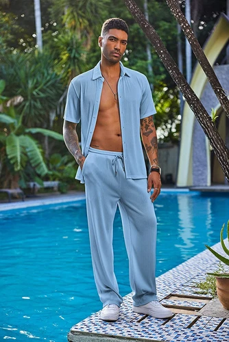 Men Outfit 2-Piece Set Half Sleeve Button Shirt and Pants Sweatsuit Set - Picture 10 of 30