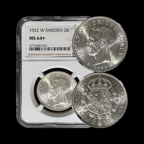 SWEDEN. 1922, 2 Kronor, Silver - NGC MS64 - Gustaf V, + grade