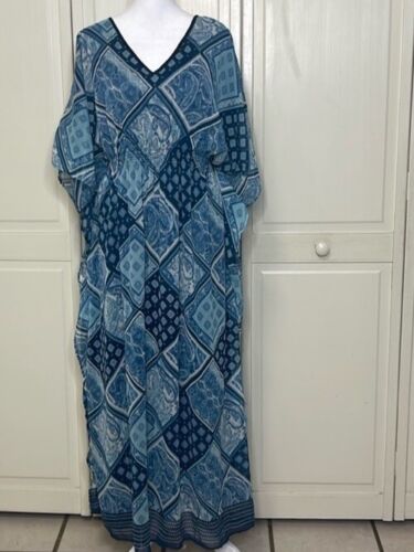 MPH Collection Women's Geometric Print V-Neck Blue Kaftan Maxi Dress Sz 3X