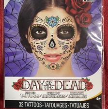 Halloween Body Art Temporary Tattoo -Face Neck - DAY OF DEAD Multicolor FLOWERS