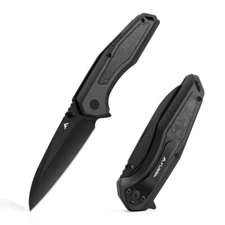 FLISSA Folding Pocket Knife Steel Blade w/Shredded Carbon Fiber Aluminium Handle