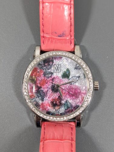 Victoria Wieck Crystal Pave Floral Round Dial Pink Leather Band Watch - Picture 3 of 15