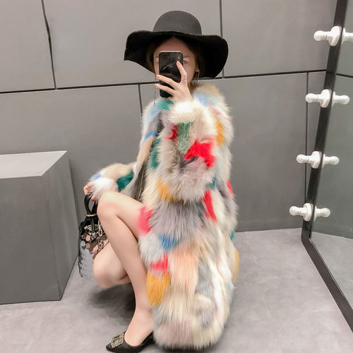 Neuf véritable manteau de fourrure multicolore naturel pour femmes mode coloré veste longue vêtements d'extérieur - Photo 1 sur 11