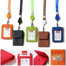 PULeather ID Card Holder Badge Wallet Pocket Retractable Work Neck Strap Lanyard