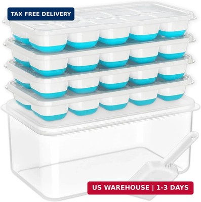 DOQAUS Ice Cube Tray with Lid and Bin - 4 Pack Silicone Ice Cube Trays for Freez