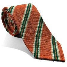 Untipped Orange  Green Striped Silk Shantung Tie Handmade in Italy 