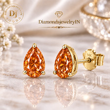 Certified Lab Treated Orange Diamond Pear Studs 1.40 CT Yellow Gold Finish Stud
