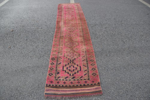 2,4x11,2 ft Rug, Vintage Turkish Rug, Red Oriental Wool Rug