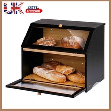 2 Tier Bamboo Wooden Bread Bin Double Layer Cutting Board Kitchen Storage Box