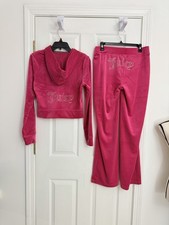 Juicy Couture Classic Velour BlingTracksuit Pink Hoodie and Pants Set Size M NWT