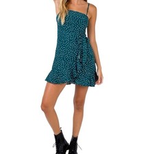 Princess Polly Caesura Mini Dress Women's Sz 4 Teal Ruffle Hem Polka Dots