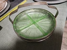 VINTAGE GREEN DEPRESSION DIVIDED GLASS WITH METAL CARRIER