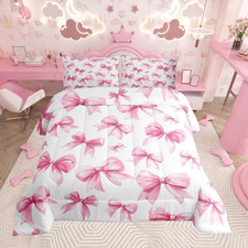 Pink Bow Kids Comforter Set Twin Size Cute Bowknot Bedding Set Princess Decor Du