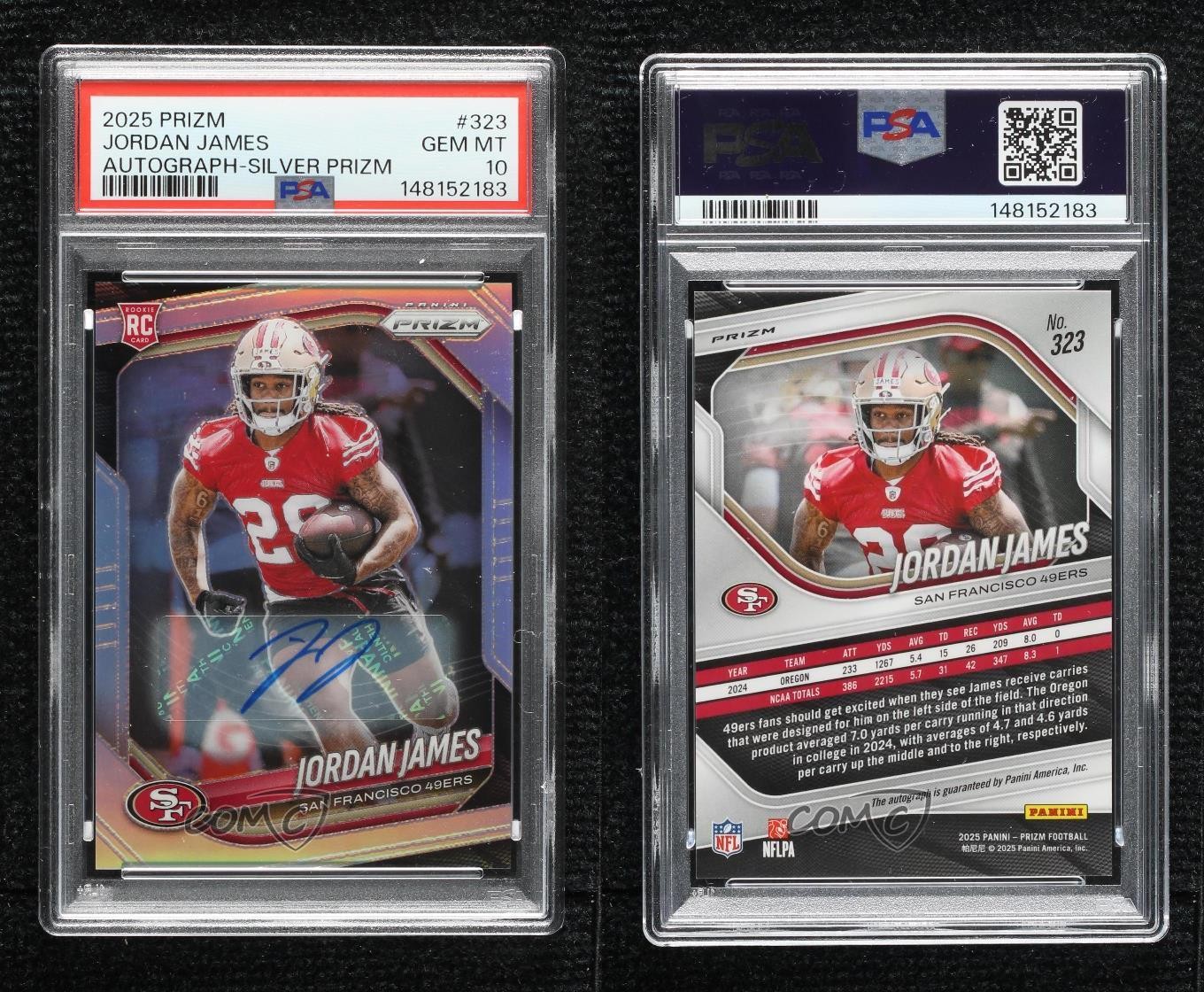 2025 Panini Prizm Rookies Silver Jordan James #323 PSA 10 GEM MT Auto 14mf view 3
