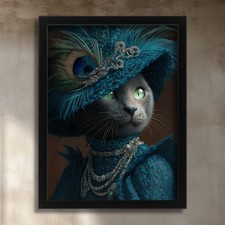 Victorian Cat Lady Wall Art Grey Cat in Peacock Hat Vintage Animal Portrait